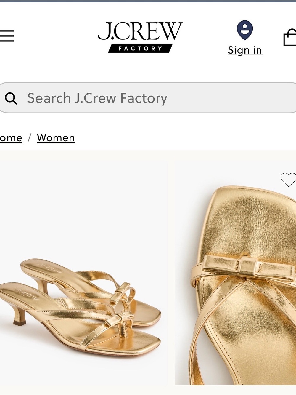 J. Crew Gold Metallic Bow Kitten-Heel Sandals